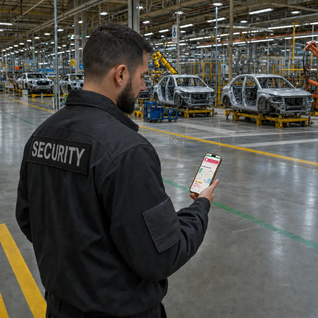 Security guard checking the Trinity Guard app during an indoor patrol inside a large automotive manufacturing plant.