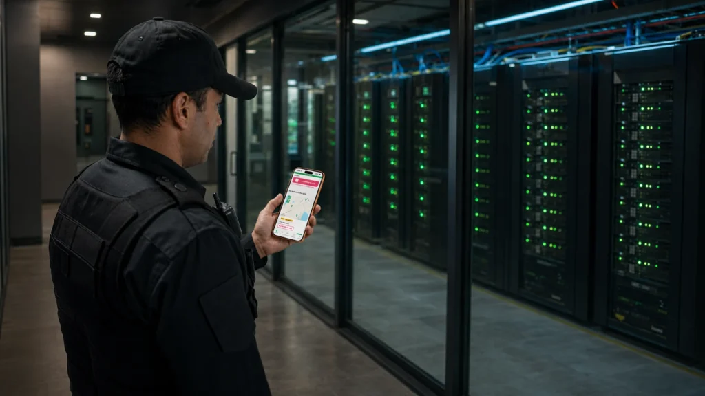 Modern security guard using a patrol verification app beside enterprise server racks for a self-hosted guard tour system