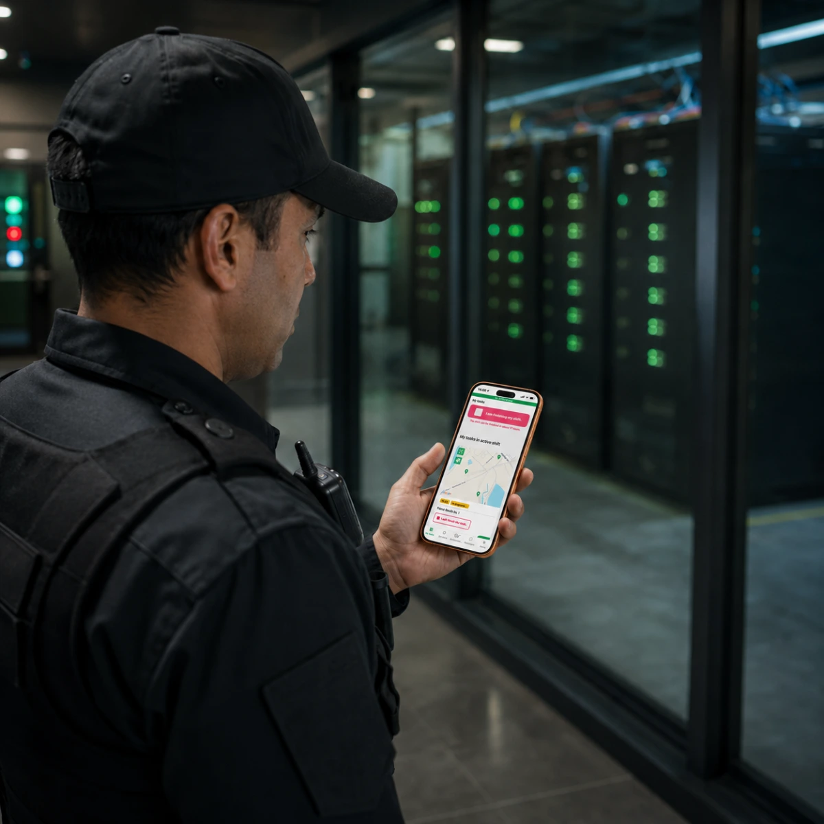 Security guard using a smartphone-based guard tour system in front of private enterprise server infrastructure