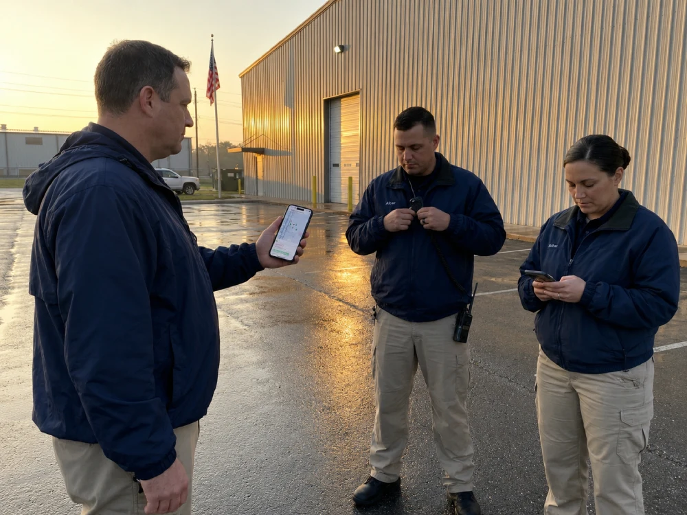 Security team reviewing GPS-verified patrol records on smartphones outside a U.S. industrial facility.