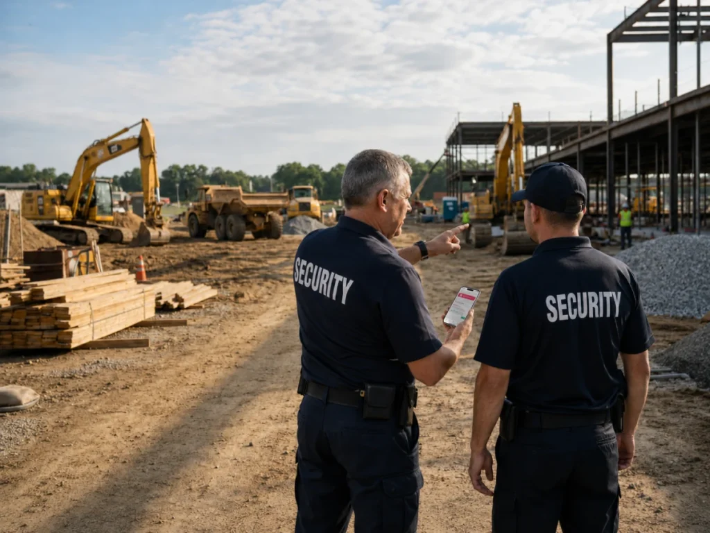 Experienced security guard hands over a construction site patrol to a replacement guard while showing patrol tasks on a smartphone.