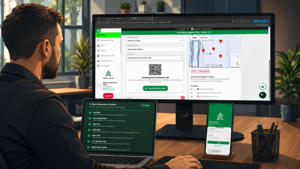 Self-service guard tour system setup with Trinity Guard QR patrol task, onboarding checklist, and mobile login screen