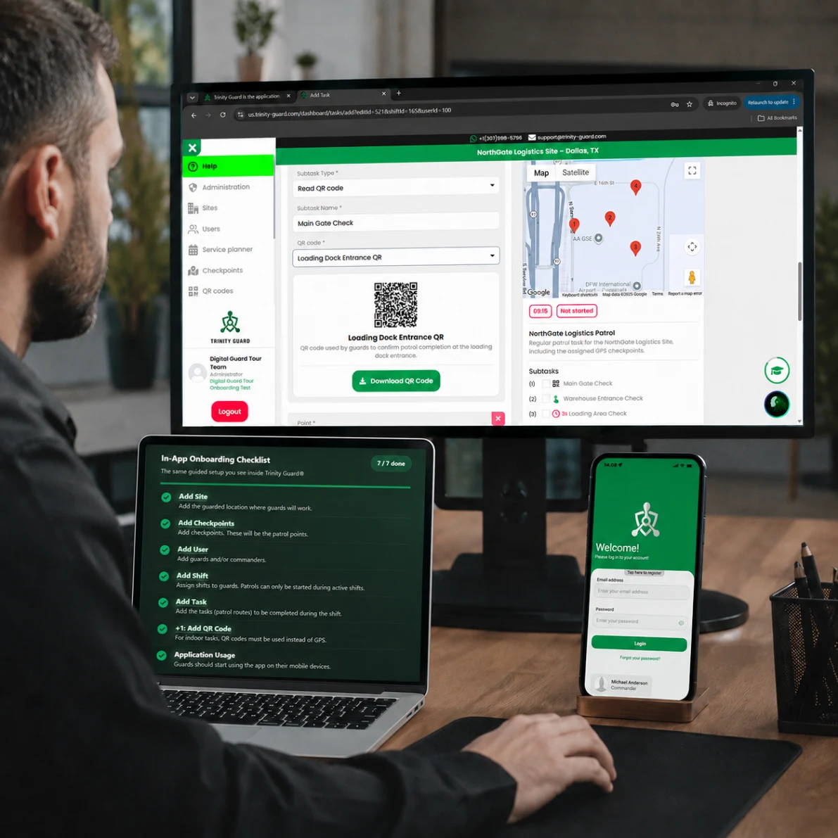 Security manager setting up a self-service guard tour system on desktop, laptop, and phone — creating QR checkpoints, GPS patrol points, and completing in-app onboarding without a demo