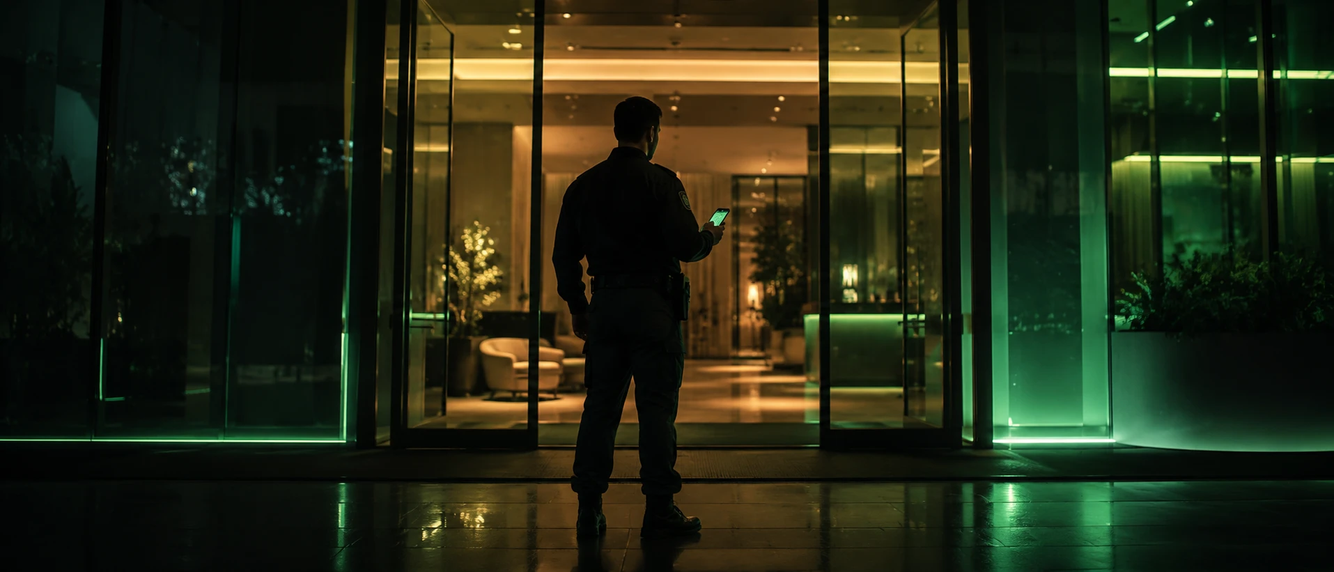 Security guard at a commercial building entrance at night using a smartphone guard tour app to verify a patrol