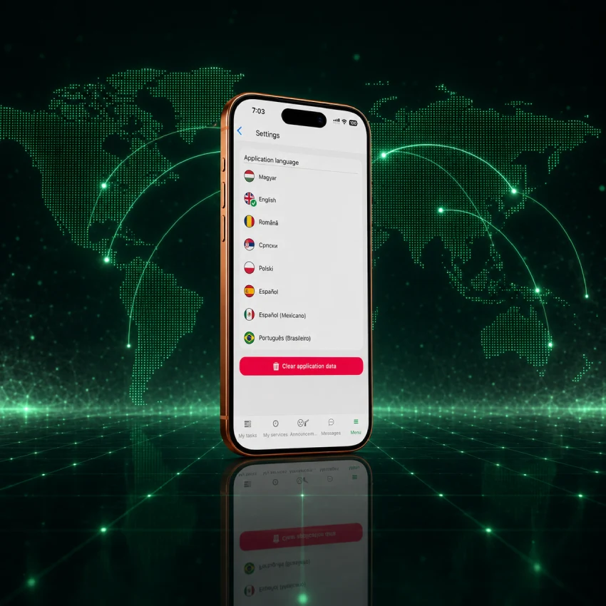 Trinity Guard application language settings screen showing eight supported languages on a smartphone with a global world map background