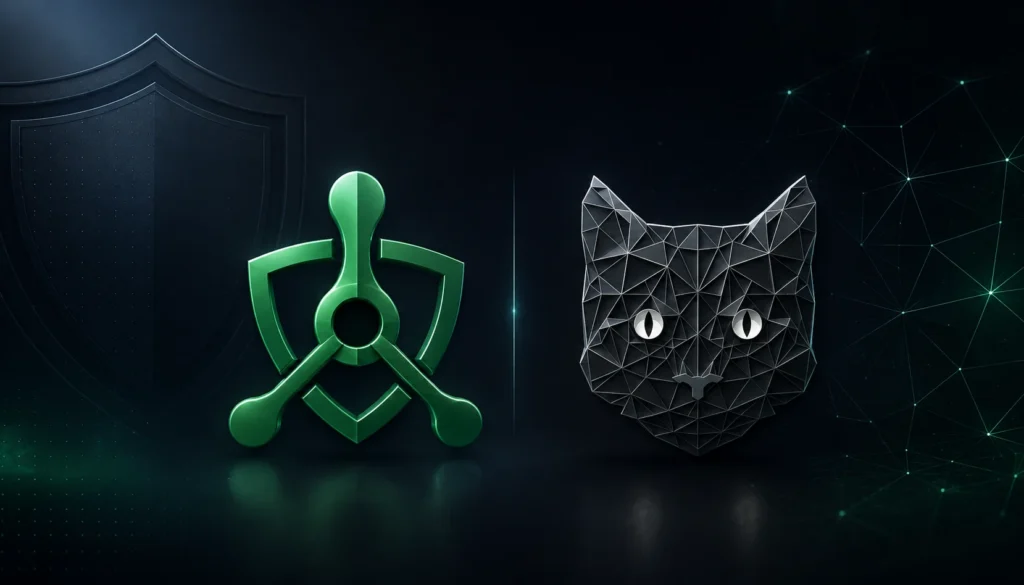 Trinity Guard shield logo and Petadev low-poly emblem side by side, representing the partnership between security field expertise and software engineering behind the guard tour system