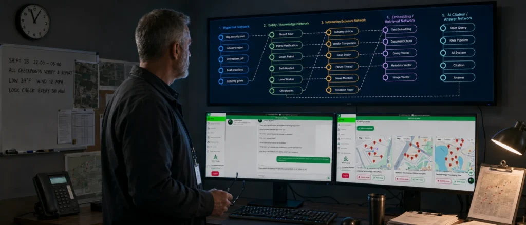 Security operations supervisor reviewing a five-layer AI information network diagram with hyperlink, entity, information exposure, embedding, and AI citation layers alongside Trinity Guard patrol dashboards
