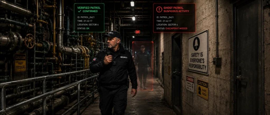 Ghost patrol detection: a verified security patrol and a falsified patrol record flagged as a missed checkpoint in an industrial corridor