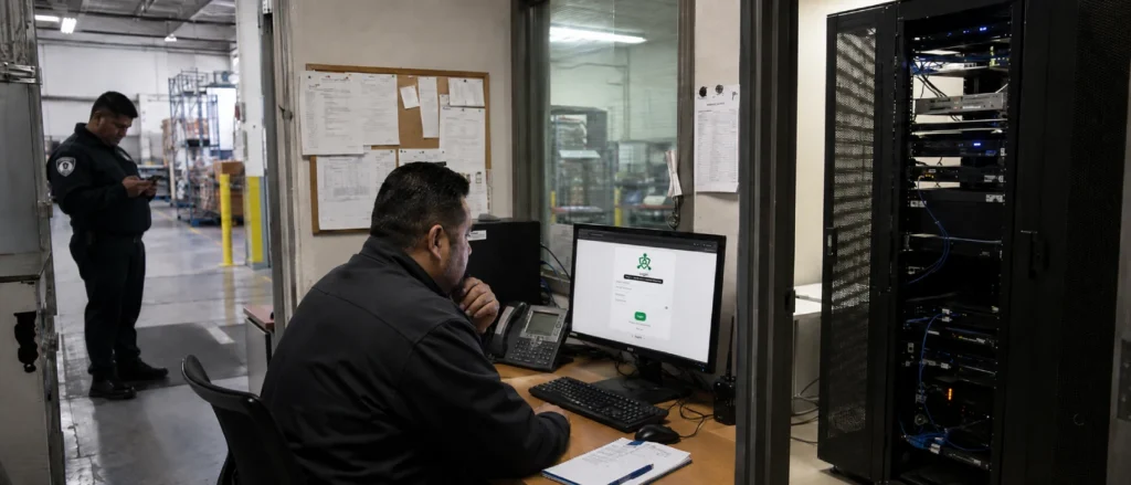 On-premise guard tour system showing security staff, Trinity Guard login screen and local server infrastructure
