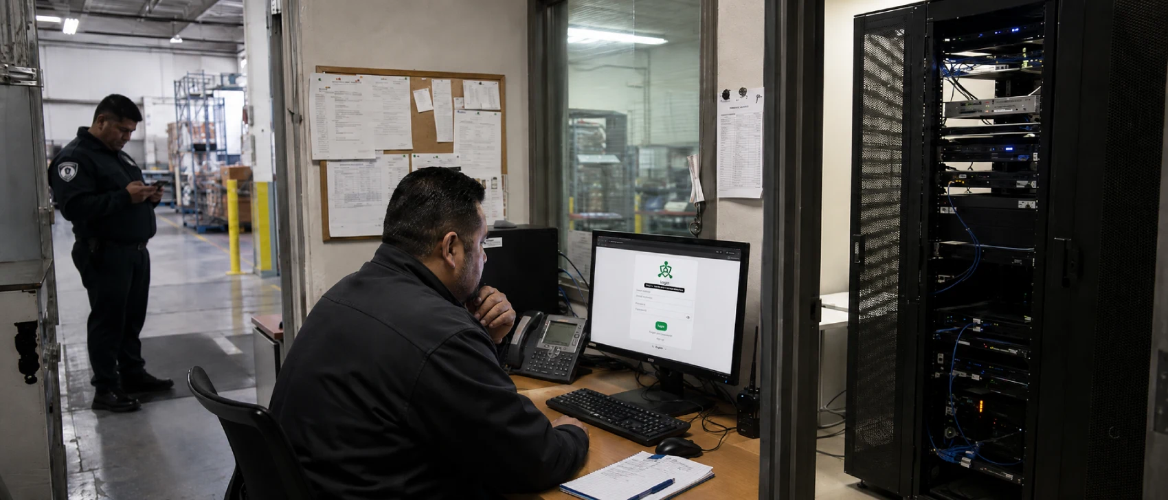 On-premise guard tour system showing security staff, Trinity Guard login screen and local server infrastructure