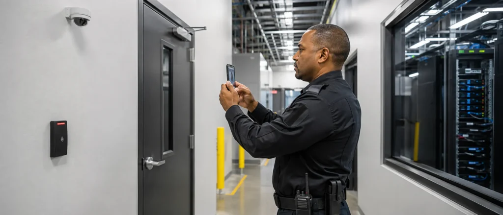 Security guard documenting a data center patrol with a smartphone for PCI DSS physical security operations