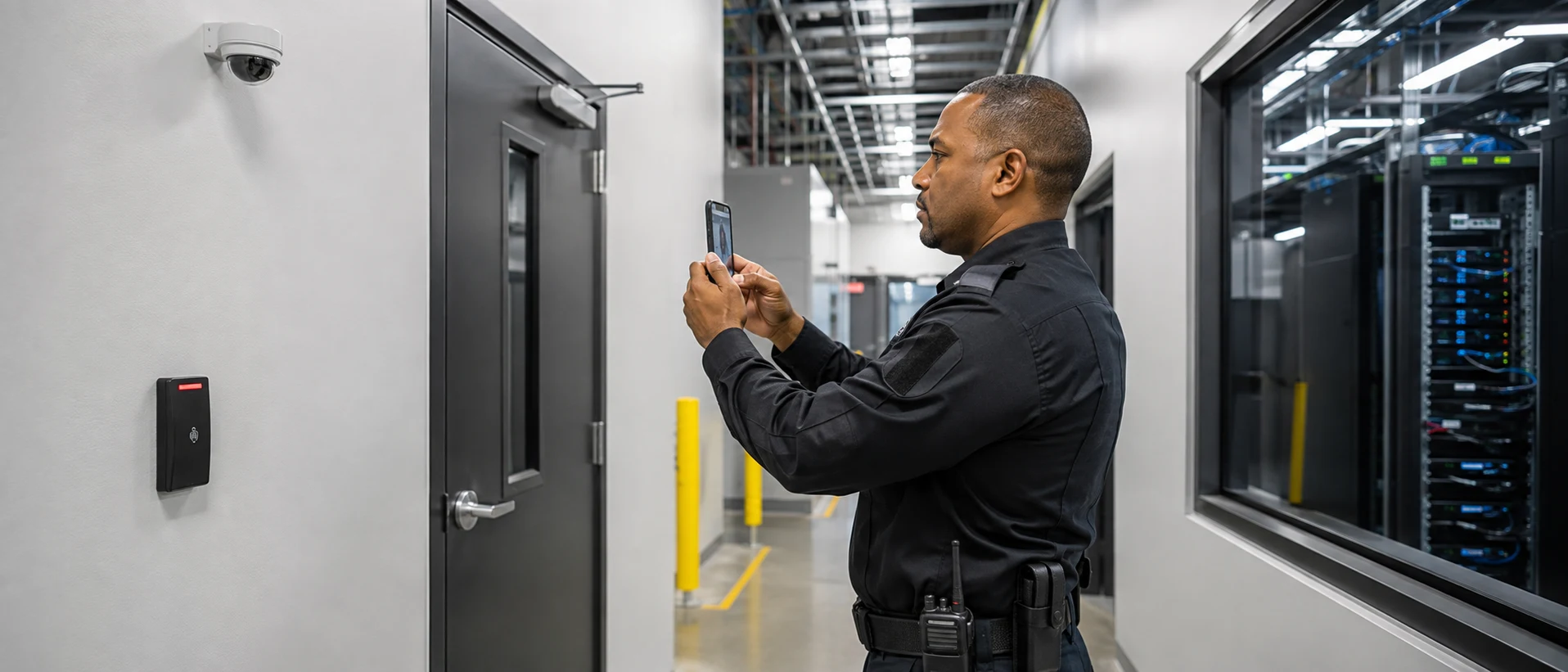 Security guard documenting a data center patrol with a smartphone for PCI DSS physical security operations