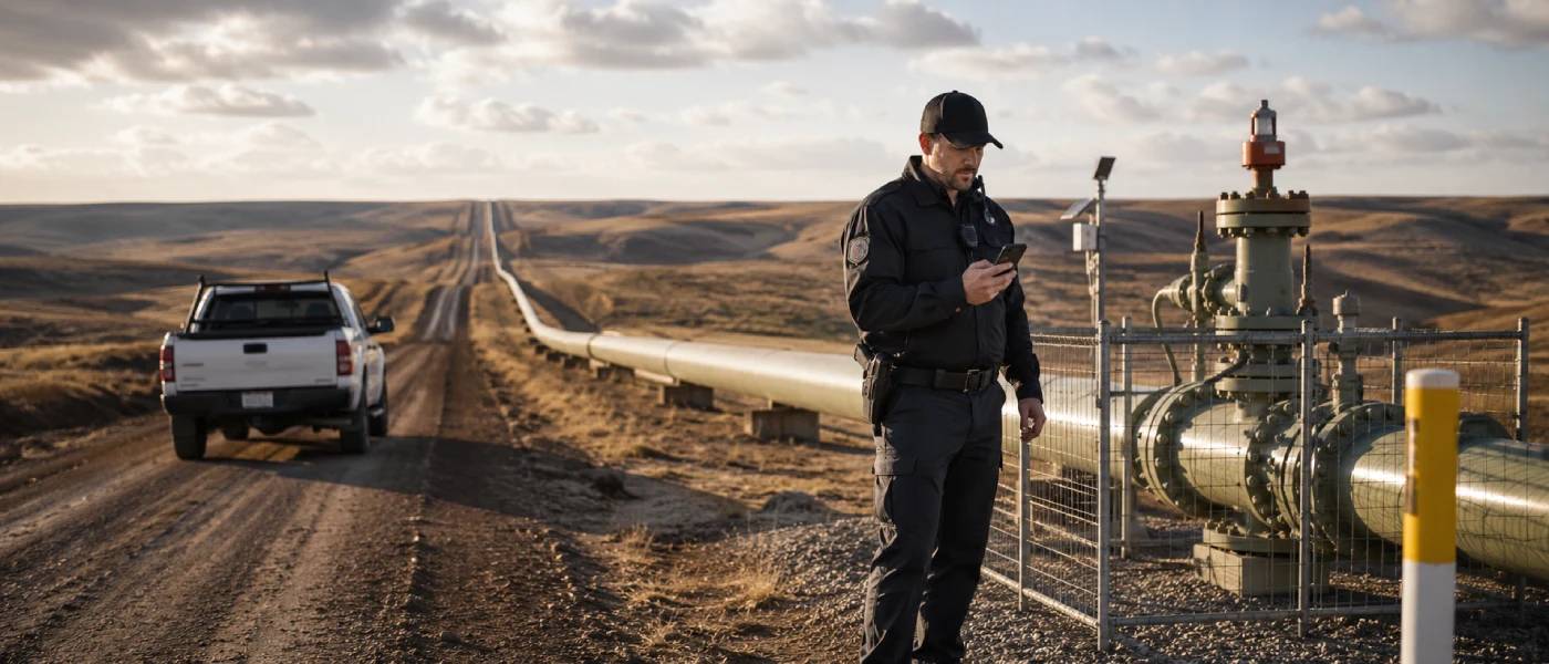 Pipeline patrol reporting with GPS tracking as a security officer inspects remote pipeline infrastructure using a smartphone.