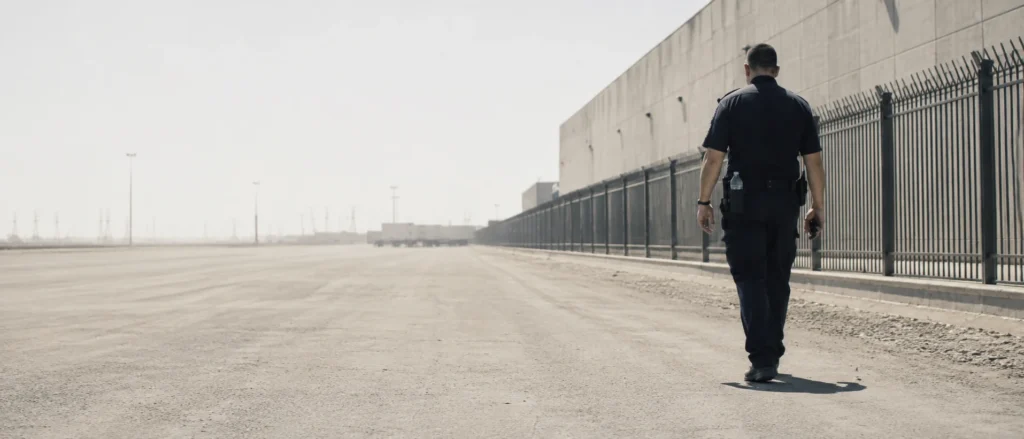 Security officer walking an outdoor perimeter patrol at a logistics site in extreme midday summer heat
