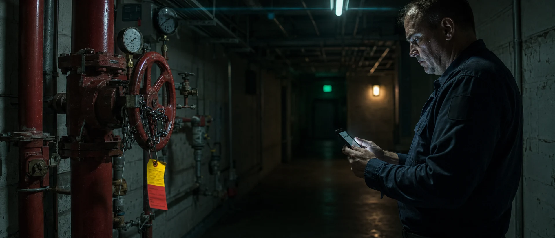 Fire watch documentation during a sprinkler impairment, showing tagged fire protection equipment and patrol verification.