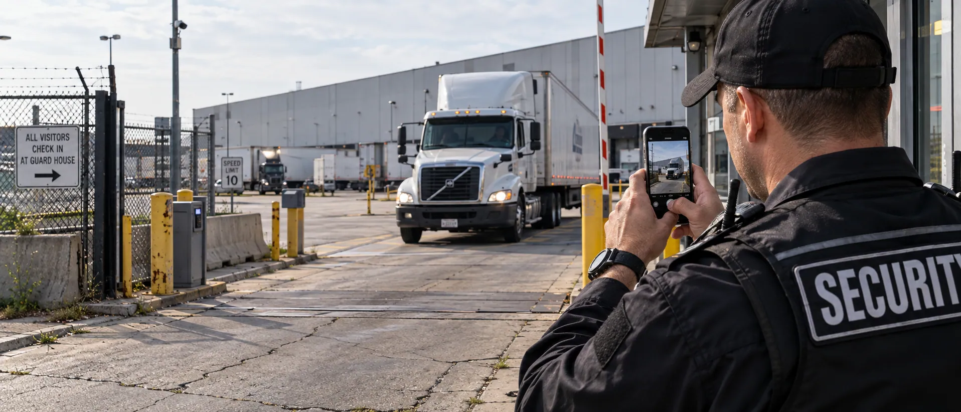 Security guard using a smartphone to record a truck entering an industrial facility gate.