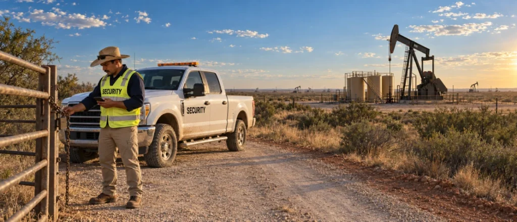 Oilfield security guard verifying a chained lease gate on a phone next to a white Ford F-350 SECURITY truck, with a pumpjack and storage tanks across a sunlit West Texas Permian Basin oil lease