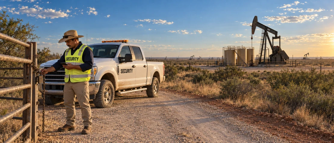 Oilfield security patrol at a Permian Basin well site in Texas with a security officer, pickup truck, pumpjack and tank battery.