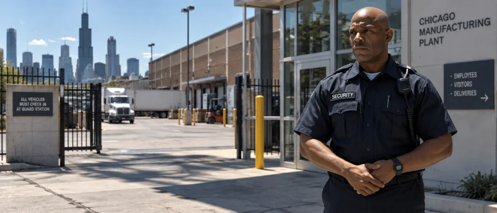 Uniformed security guard with a shoulder radio standing at the entrance of a manufacturing plant, with a vehicle check-in gate, a delivery truck and the Chicago skyline in the background