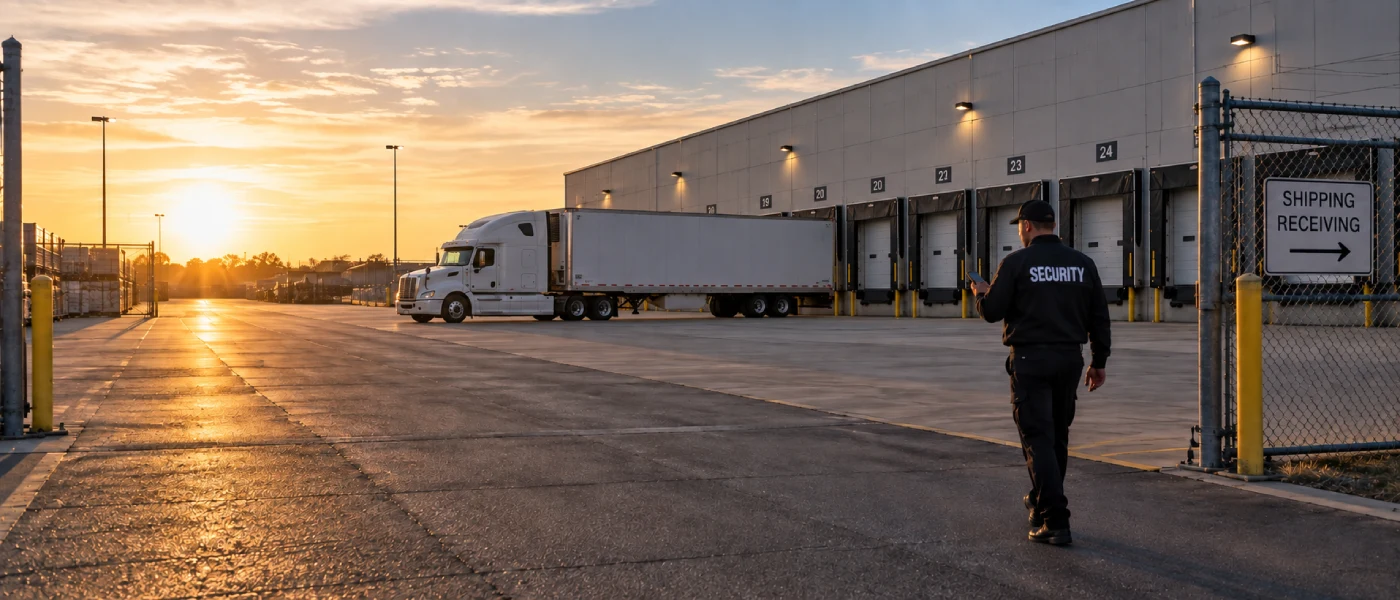 Security guard in a black SECURITY uniform walks past a truck at warehouse loading dock 24, using a smartphone to record the patrol at sunrise