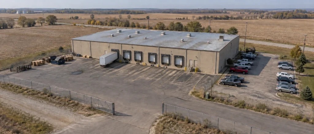 Aerial view of a warehouse site showing loading dock doors, a trailer at the dock, the perimeter fence and open gate, and the employee parking lot — the checkpoints a security patrol plan covers.