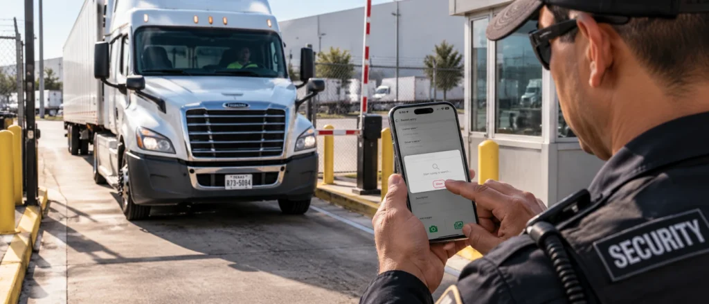 Security guard filling in the Report Entry form on a smartphone, with license plate, driver name and photo fields, as a semi-truck waits at the gate