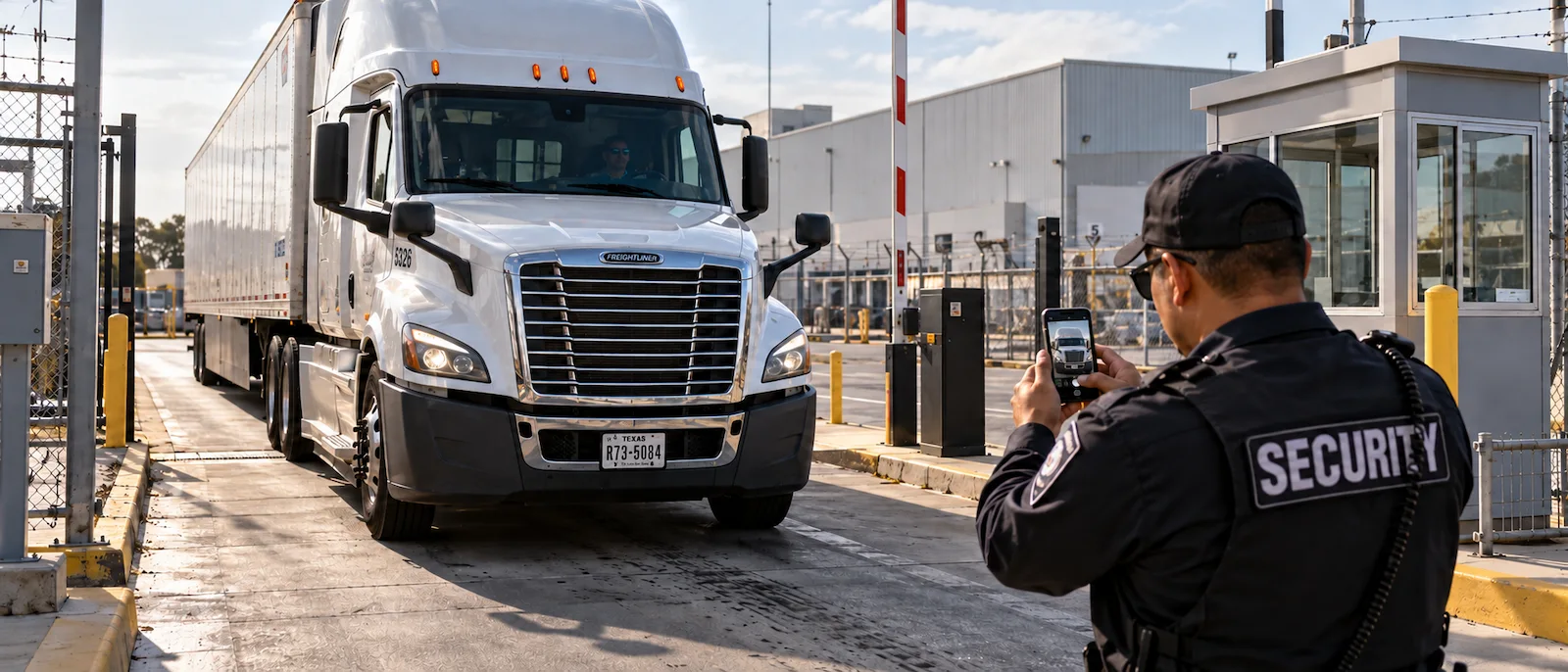Security guard checking in a truck at an industrial gate using the Digital Guard Tour mobile app.