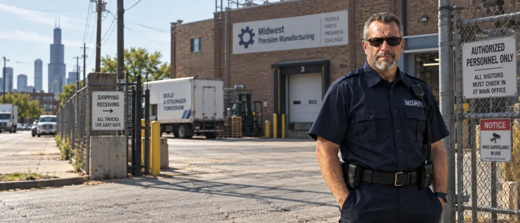 Uniformed security officer with a shoulder radio and duty belt standing at the fenced gate of a Chicago manufacturing plant, beside a loading dock, an authorized-personnel sign and a video surveillance notice