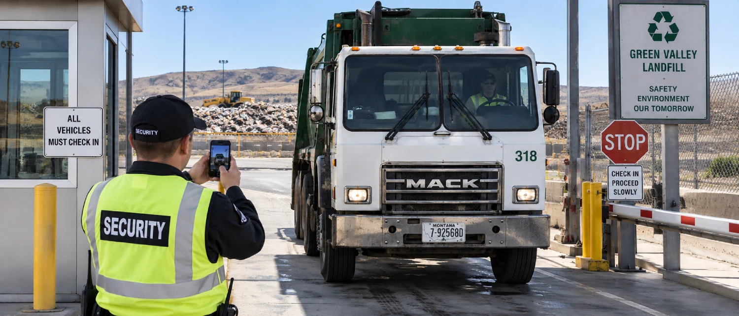 Security guard logging a waste truck exit at an industrial gate, recording the vehicle and load condition on a phone