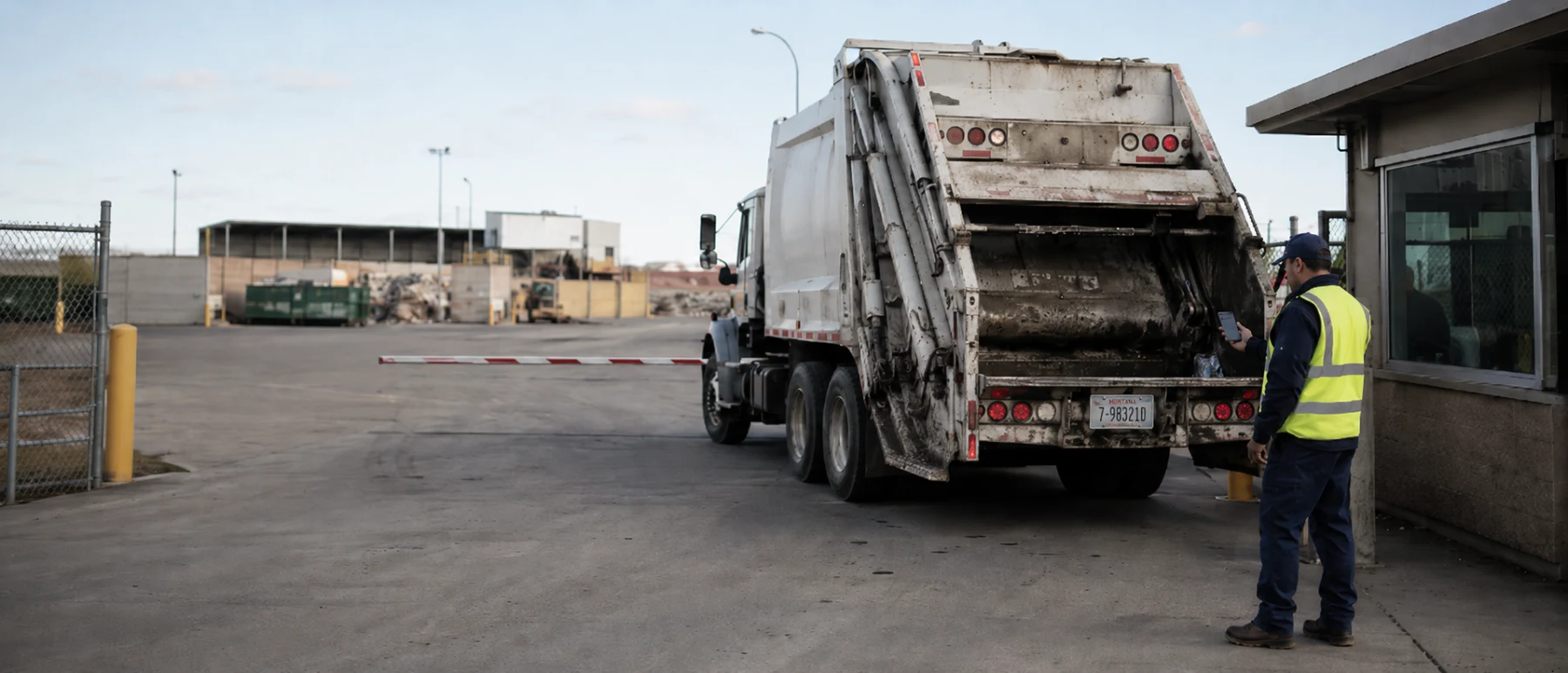 Security guard photographing a waste truck at a landfill gate check-in point with a smartphone