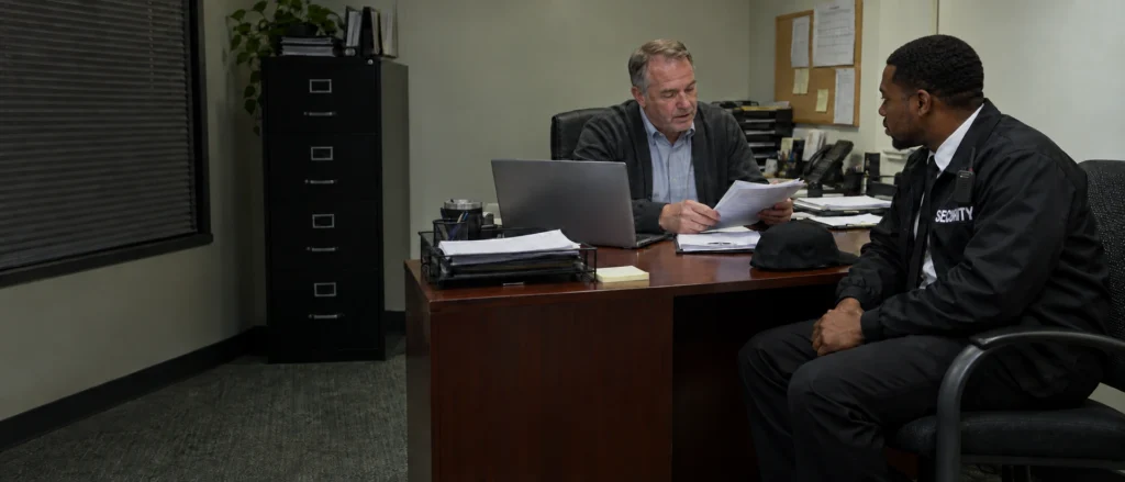 Security operations manager reviewing a guard's patrol completion record with the officer before making a decision