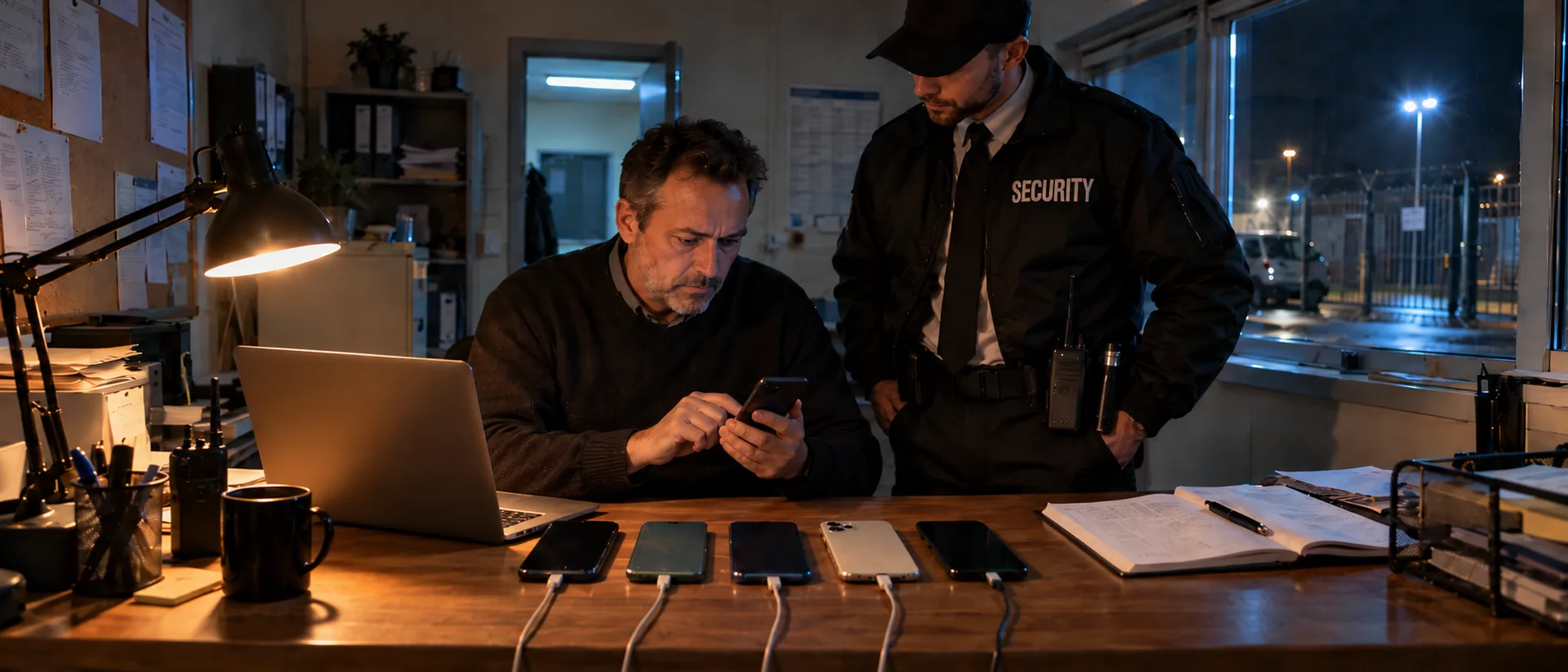 Security supervisor setting up Android phones and an iPhone on charging cables for a night shift while a security officer watches