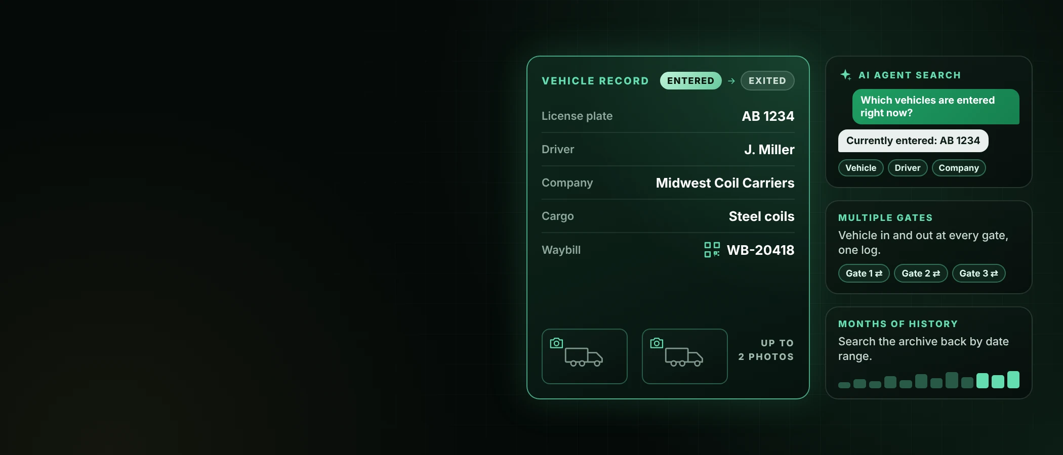 Gate management vehicle record with license plate, driver, QR waybill, photos, Entered and Exited status and AI agent search