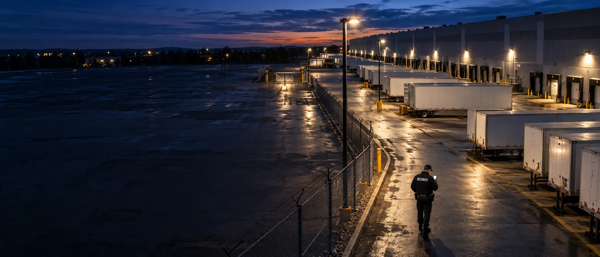 Security guard checking a guard tour app on his phone while patrolling the fence line of a distribution center at dusk
