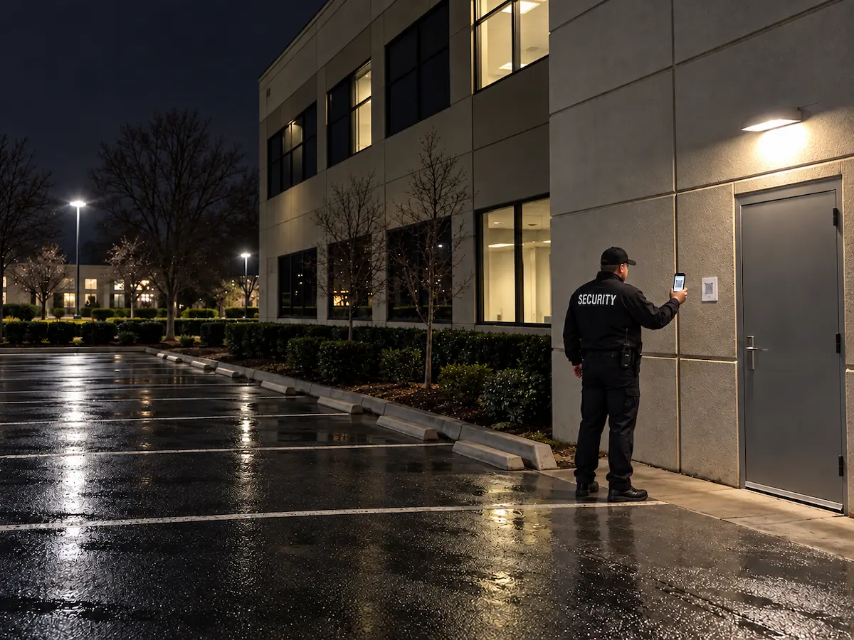 Security guard scanning a QR checkpoint next to an office building door with a guard tour app during a rainy night patrol