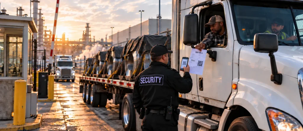 Security officer scanning the QR code on a truck driver's waybill with a smartphone at an industrial plant gate, with a steel coil flatbed truck and a guard booth at sunrise