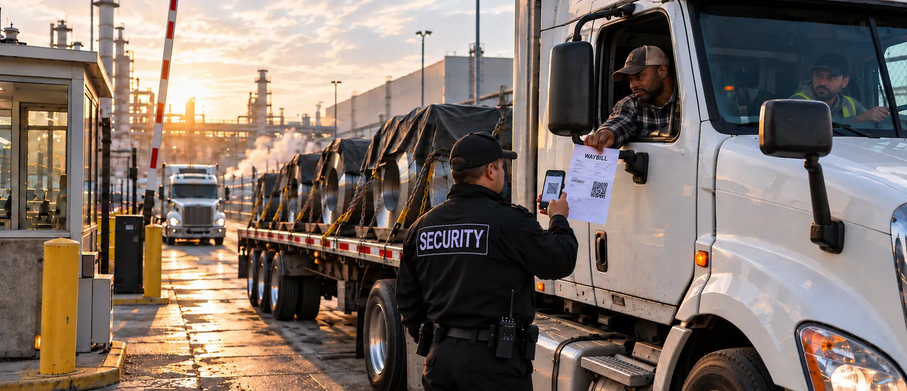 Security officer scanning the QR code on a truck driver's waybill with a smartphone at an industrial plant gate, with a steel coil flatbed truck and a guard booth at sunrise