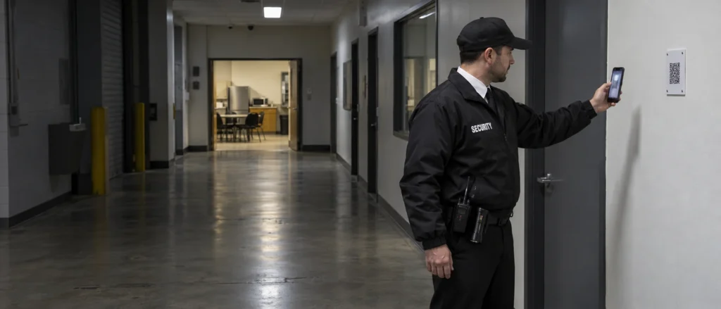 Security officer scanning a wall-mounted QR checkpoint with a smartphone in an office corridor at night