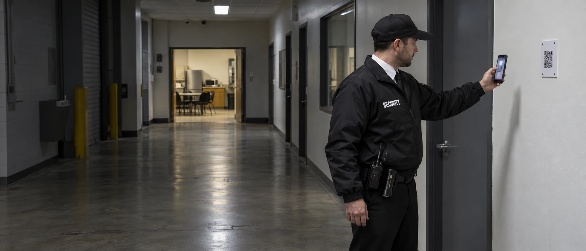 Security officer scanning a wall-mounted QR checkpoint with a smartphone in an office corridor at night