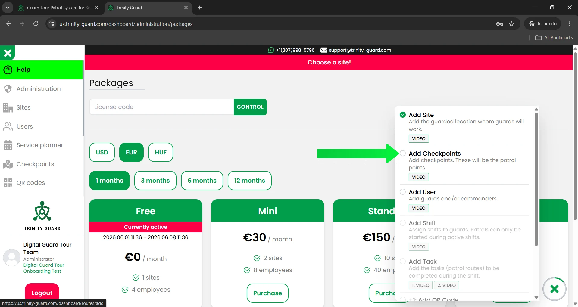 Trinity Guard® setup guide screenshot showing the onboarding panel with the Add Checkpoints step highlighted for adding patrol checkpoints to a selected site.
