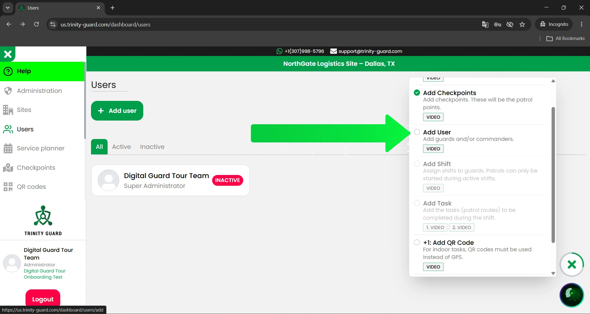 Trinity Guard® setup guide screenshot showing the Add User onboarding step before it is completed, with the Add User step highlighted for the administrator to click.