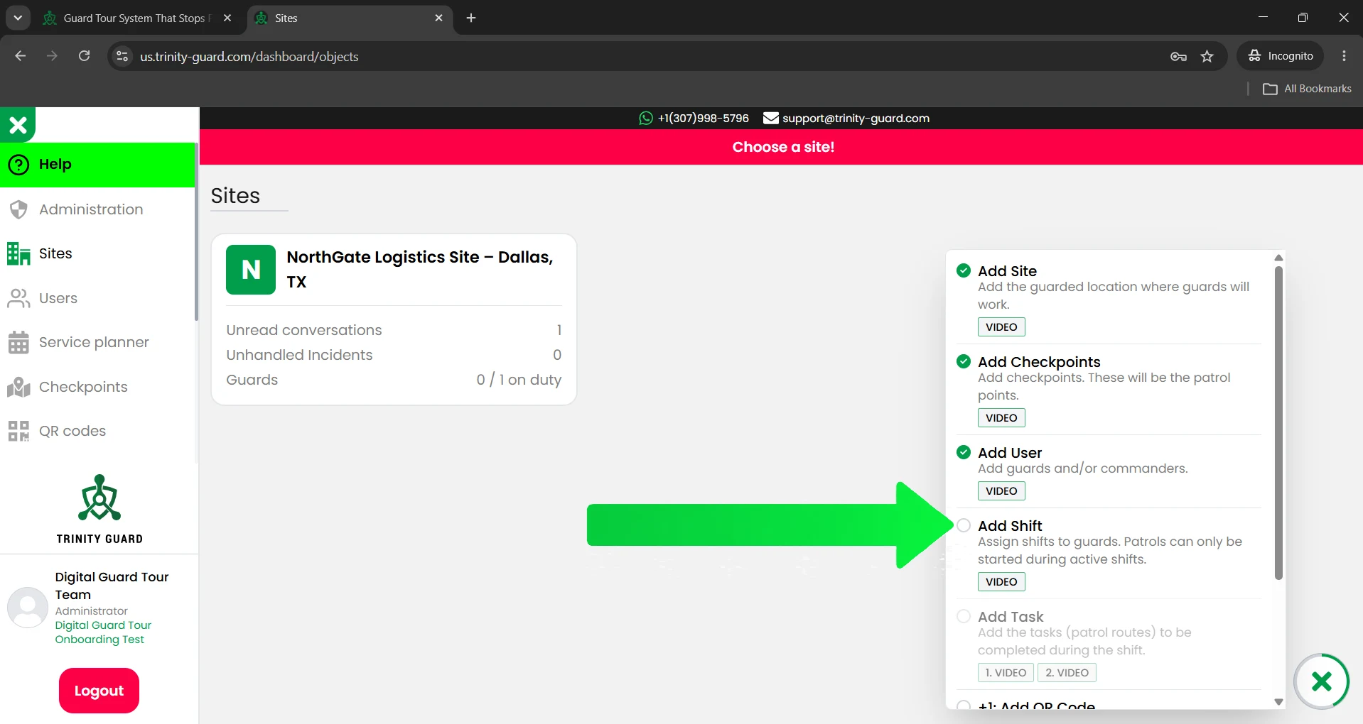 Trinity Guard® setup guide screenshot showing the Add Shift onboarding step highlighted after Add User.