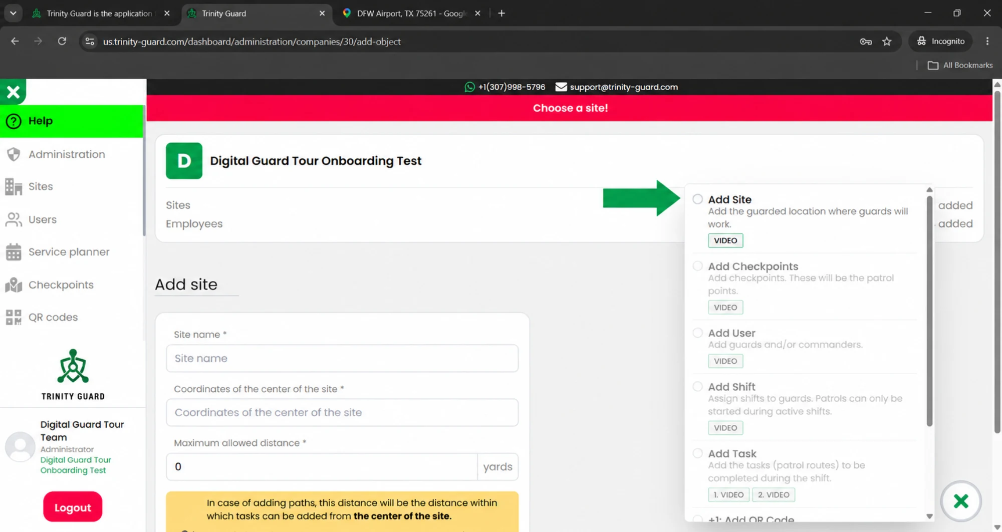 Trinity Guard onboarding panel with Add Site selected, showing the Add site form for creating the first guarded site.
