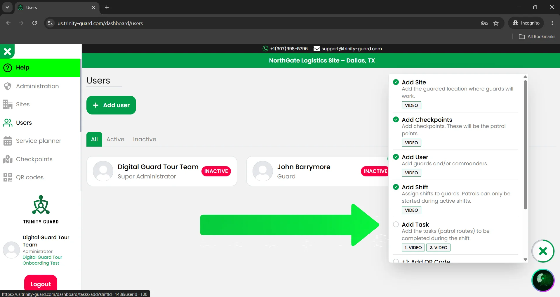 Trinity Guard® setup guide screenshot showing the Add Task onboarding step before task creation.