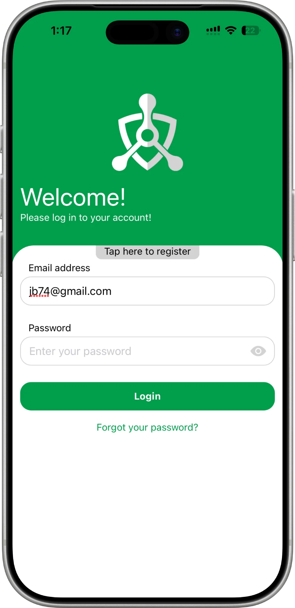 Trinity Guard mobile application login screen showing the email address and password fields