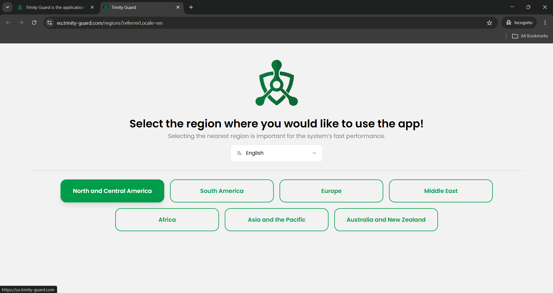 Digital Guard Tour region selection screen for choosing the nearest server region before starting a 14-day pilot.